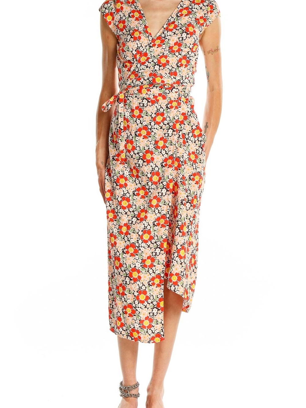 J. Crew Coral and Cream Floral Wrap Midi Dress